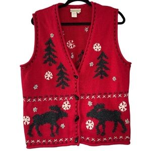 Coldwater Creek Red Moose Snow Christmas Holiday Vest Wool Women’s 1X Winter